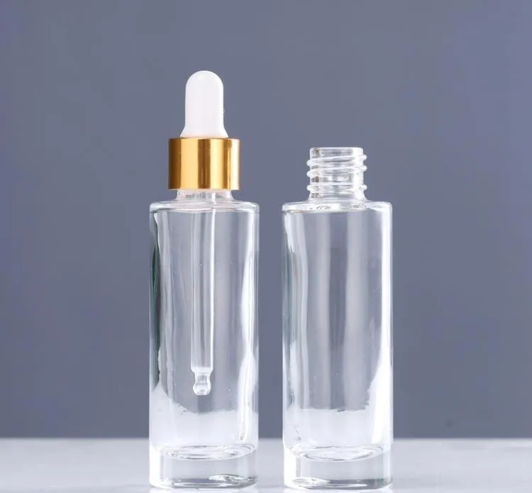 30ml Clear Glass Eye Dropper Bottles 1oz 두꺼운 벽 평평한 어깨 에센셜 오일 향수 병이있는 황금 상단 캡 SN5246