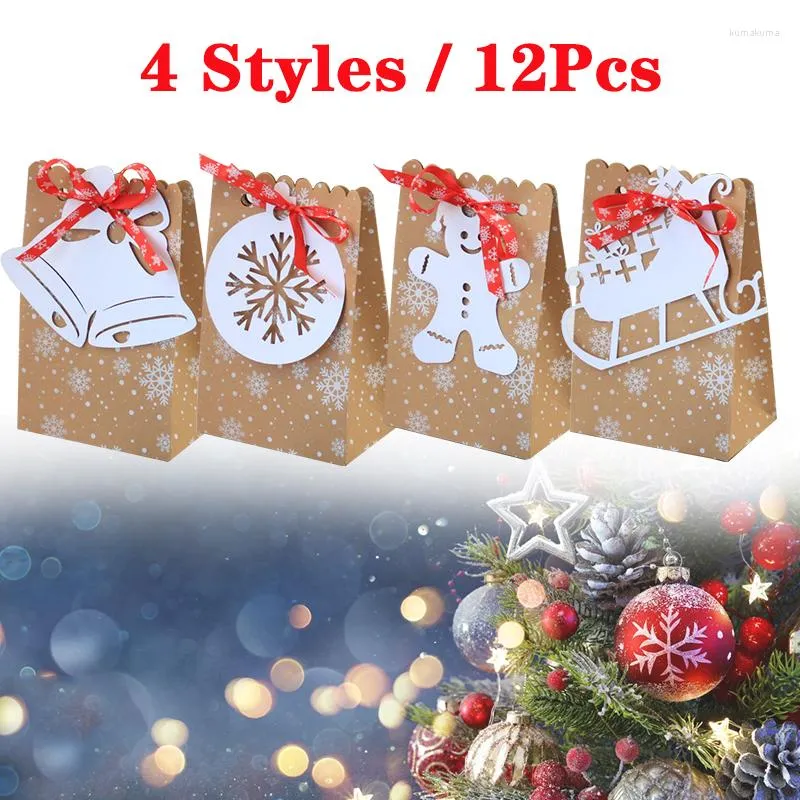 Emballage cadeau 12 pièces noël Kraft papier sac noël imprimé biscuits bonbons chocolat flocon de neige ruban poche étui d'emballage