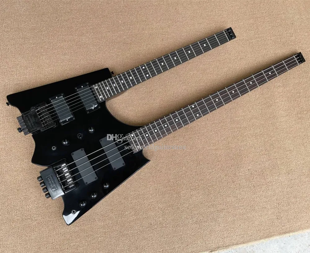 Çift Boyun Başsız 4 Dizeler Bas gitar+6 Dizeler Siyah gövdeli elektro gitar, gül ağacı klavye, özelleştirilebilir