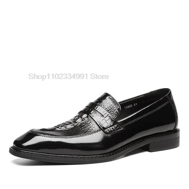 Cocodilos de crocodilo mocassins masculinos genuínos de couro preto masculino de vestido de vestido Designer de designer artesanal no casamento masculino Oxford Shoe