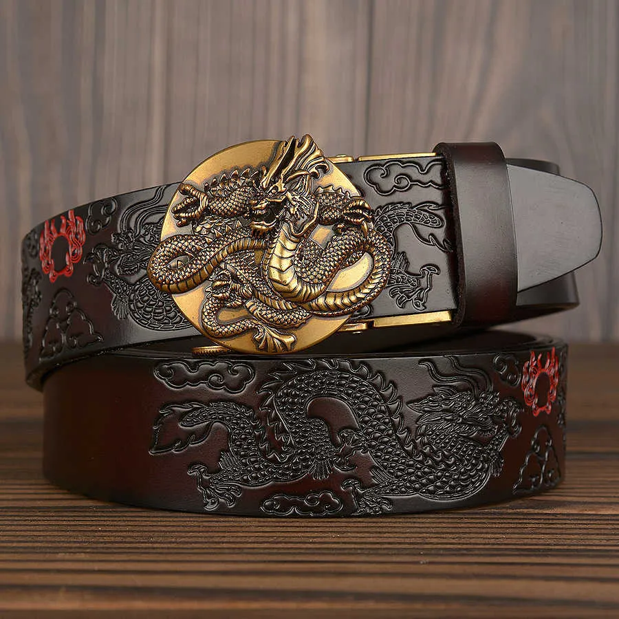 Flying Dragon Pattern Leather Brand Style Gold Buckle Cinturón de negocios para hombres G230529