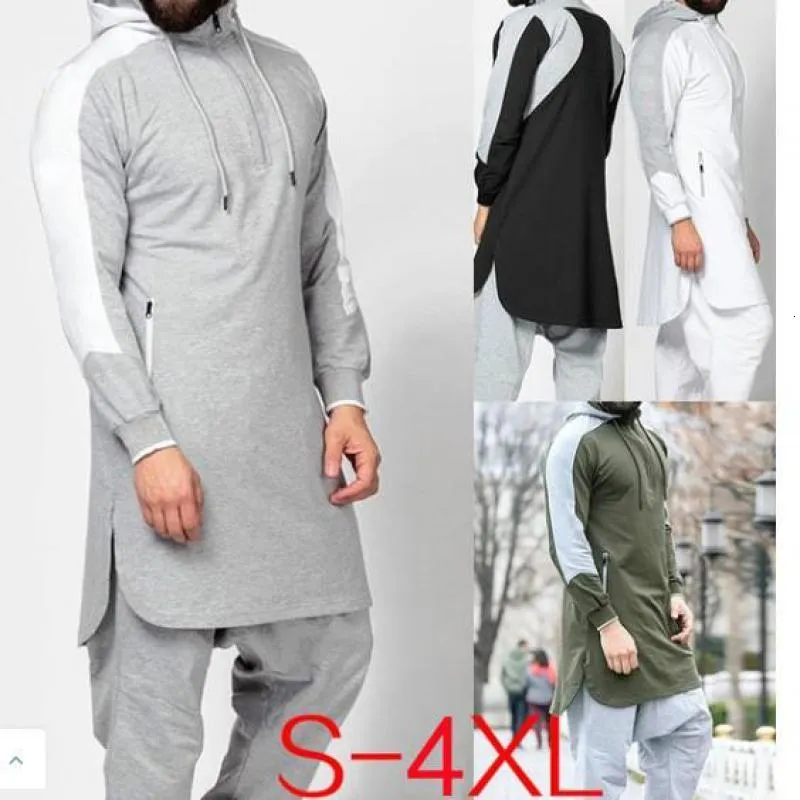 Ethnic Clothing Hooded Men Muslim Jubba Thobe Patchwork Islamic Clothing Long Sleeve Dubai Kaftan Male Saudi Arabia Shirt Plus Size 3XL 4XL 230529