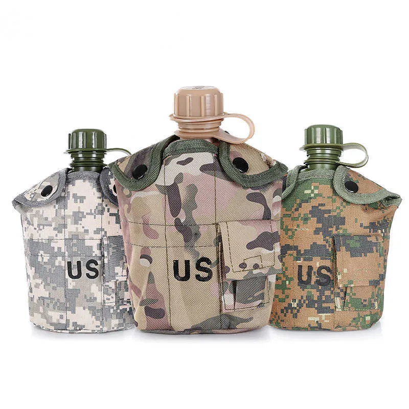 1L military outdoor bottle with camouflage bag portable camping mountain hiking backpack survival water cup P230530