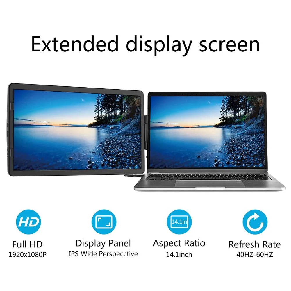 Мониторы 14,1 дюйма портативного монитора Extend Extend Extend FHD 1920x1080 Внешний дисплей 16/9 220CD Легко в использовании HDMICAMATIBLE для мини -ноутбука
