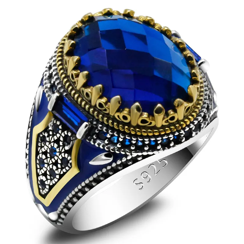 Solitärring, türkischer Schmuck, Herrenring mit blauem Glasstein, 925er Sterlingsilber, Vintage-Königskrone, CZ-Emaille-Ring, Damen- und Herrengeschenke, 230529