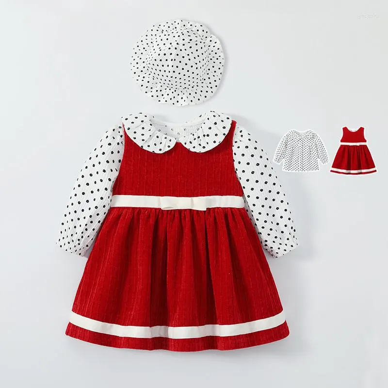 Girl Dresses 3Pcs Spanish Baby Boutique Dress Girls Princess Vestidos Children Birthday Party Frocks Kids Dot Shirt Red Dreeses With Hat