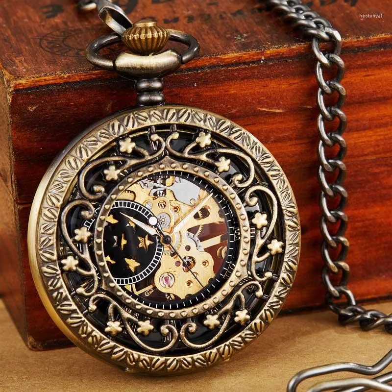 Pocket Watches Antique Steampunk Mechanical Watch Bronze Necklace Hollow Case Skeleton Hand Vind FOB Pendant Chain Clock för män