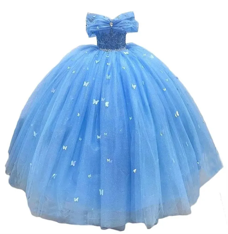 Robes de Quinceanera princesse papillon chérie cristal robe de bal tulle avec lacets grande taille douce 16 débutante fête anniversaire robes De 15 ans 140