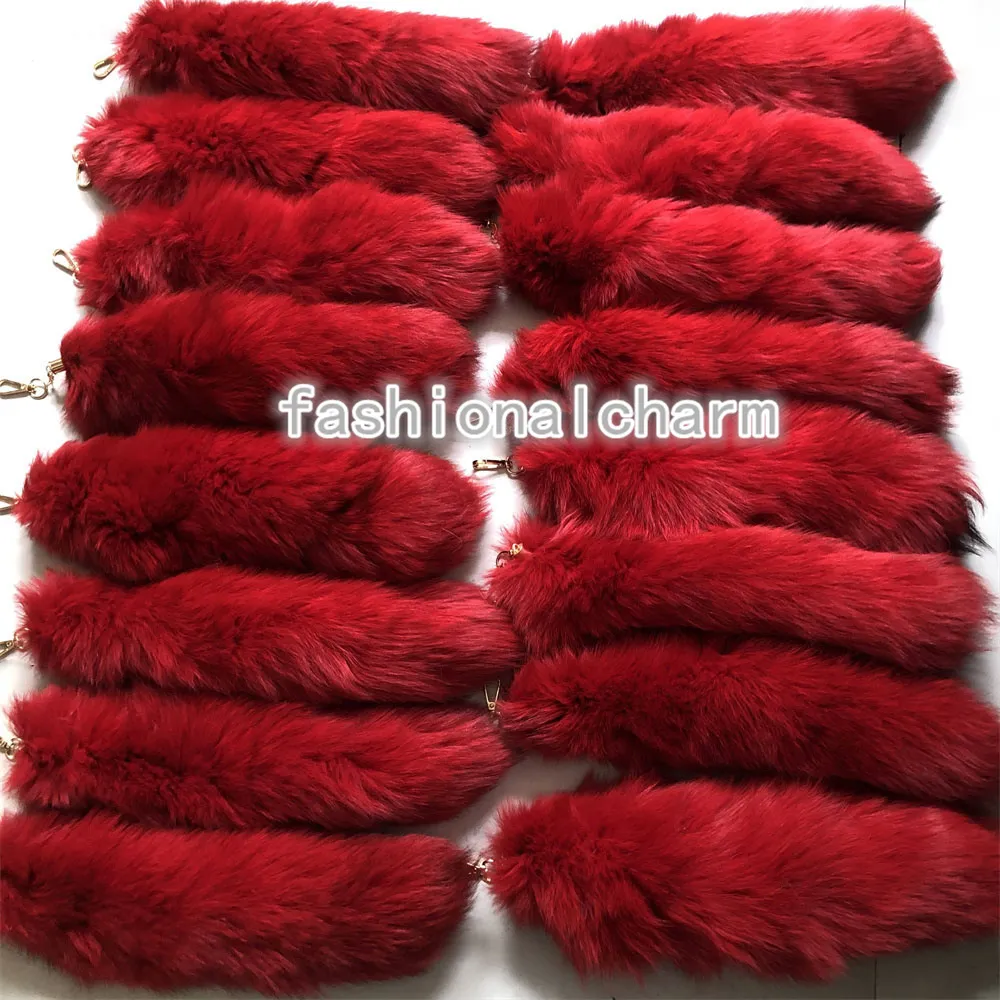 Atacado 50pcs/lote 40cm/16 "Real Fox Fur Tail Keychain tingido de pingente de charme de brinquedo de cosplay de cauda de raposa azul natural