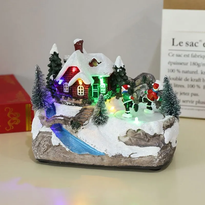 Deko-Objekte, Figuren, kreative LED-Lichter, Weihnachten, kleines Flussdorfhaus, leuchtende Landschaft, Schnee, 230530