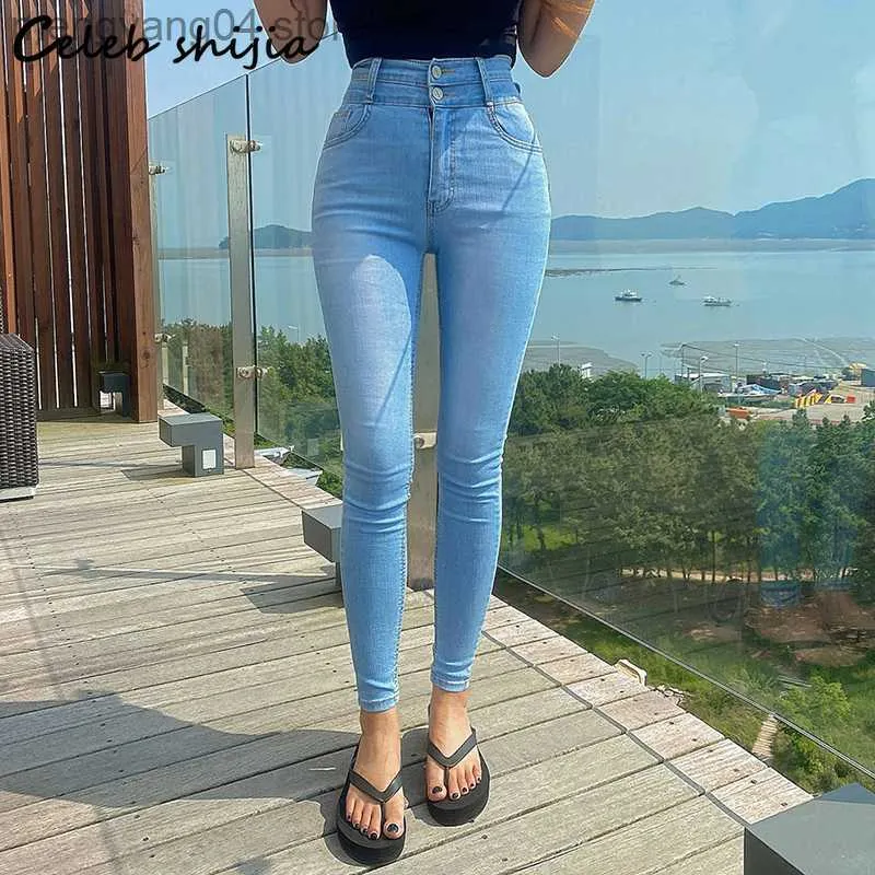 SHIJIA Light Blue Elastic Skinny Jeans For Women High Waist Double