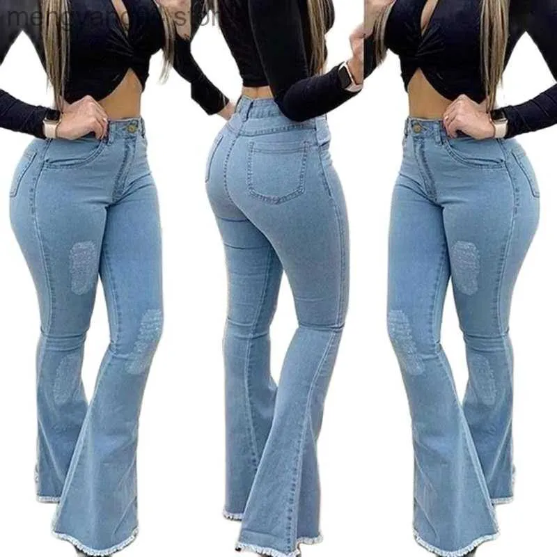 Kvinnors 223 heta försäljning hög midja rippade jeans för kvinnor mode smal höftlyft stretch denim blossade byxor casual kvinnliga kläder s-3xl