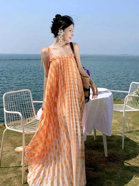 Women Summer Pleated Gradient Color Loose Casual Long Strap Dresss Vintage Lady Holiday Vacation Beach Stylish Vestidos Sundress