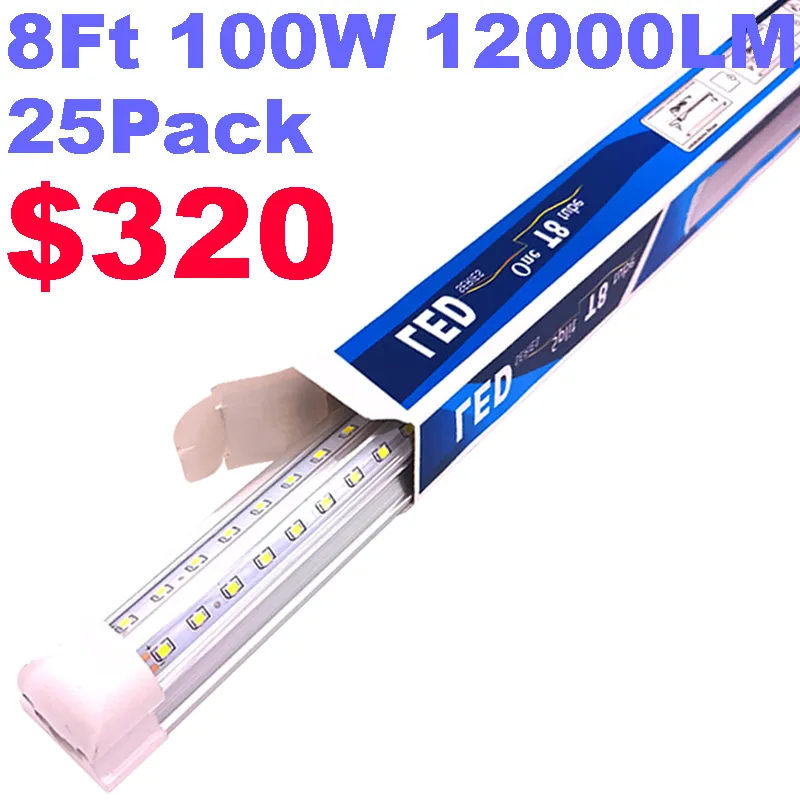 Integrateds T8 Fluorescent Lamp 8FT 100W 8 Feet LED Tube Light V Shape Lights Fixtures 12000lm Clear Cover AC85-277V Ultra Bright Cold White Shop Lights crestech