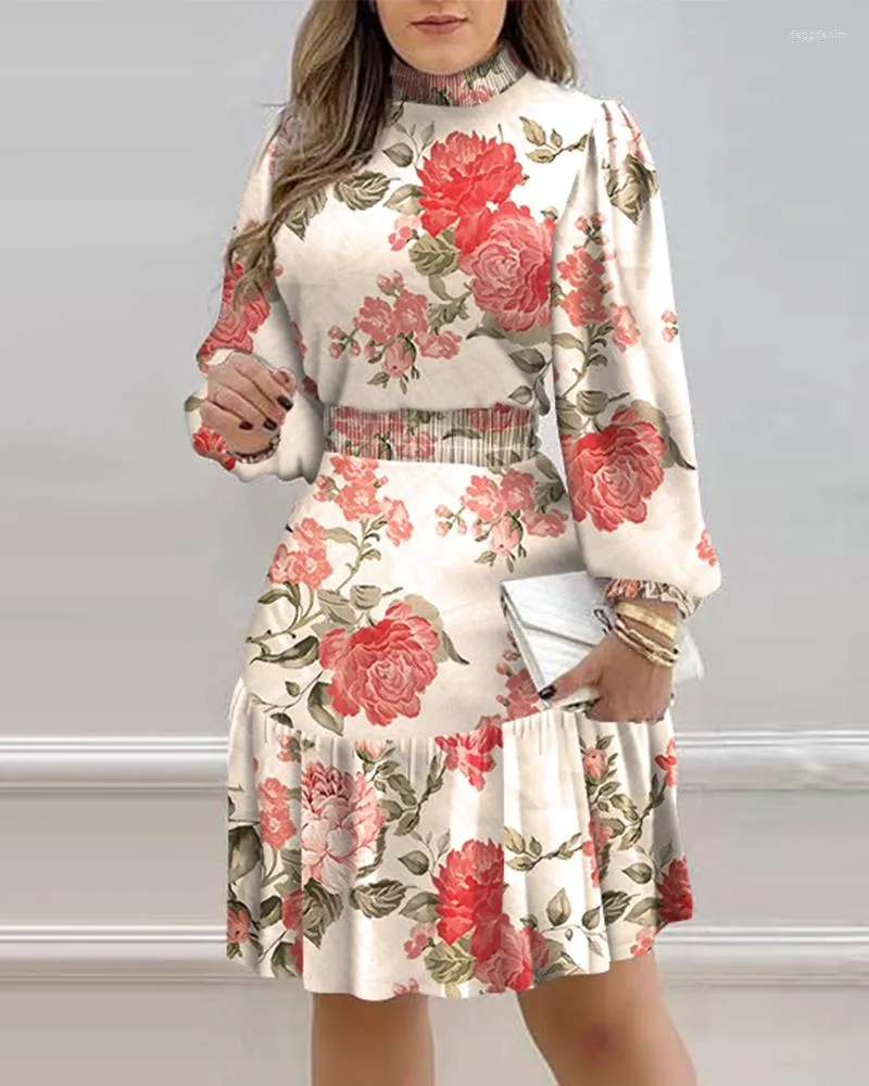 Casual jurken 2023 vrouwen bloemenprint lantaarn mouw shirred ruches jurk lange dagelijkse slijtage mini -kleding