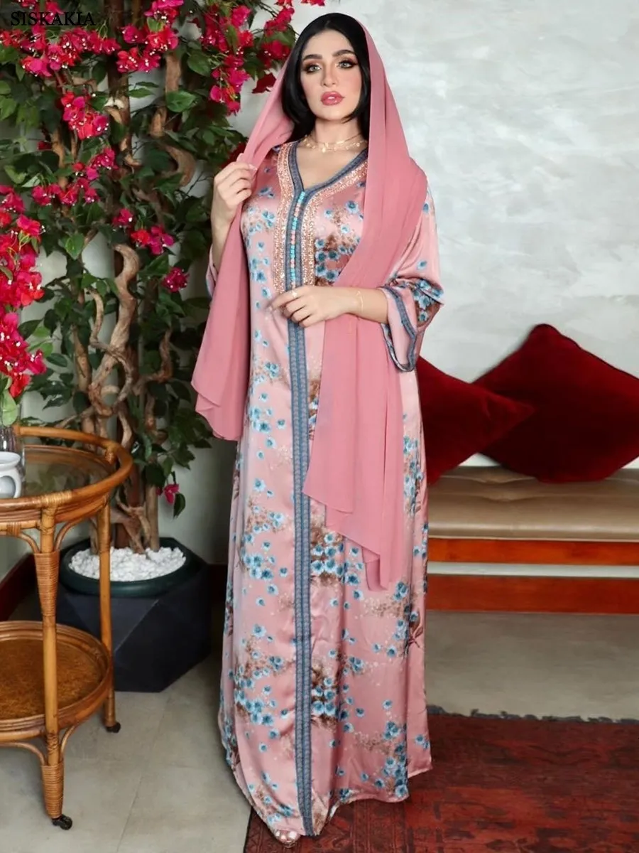 Etniska kläder Ramadan Kaftan Dubai Luxury Diamonds Long Dresses Floral Print V-Neck Lace Tape Elegant Casual Party Dress Muslim Women Clothing 230529