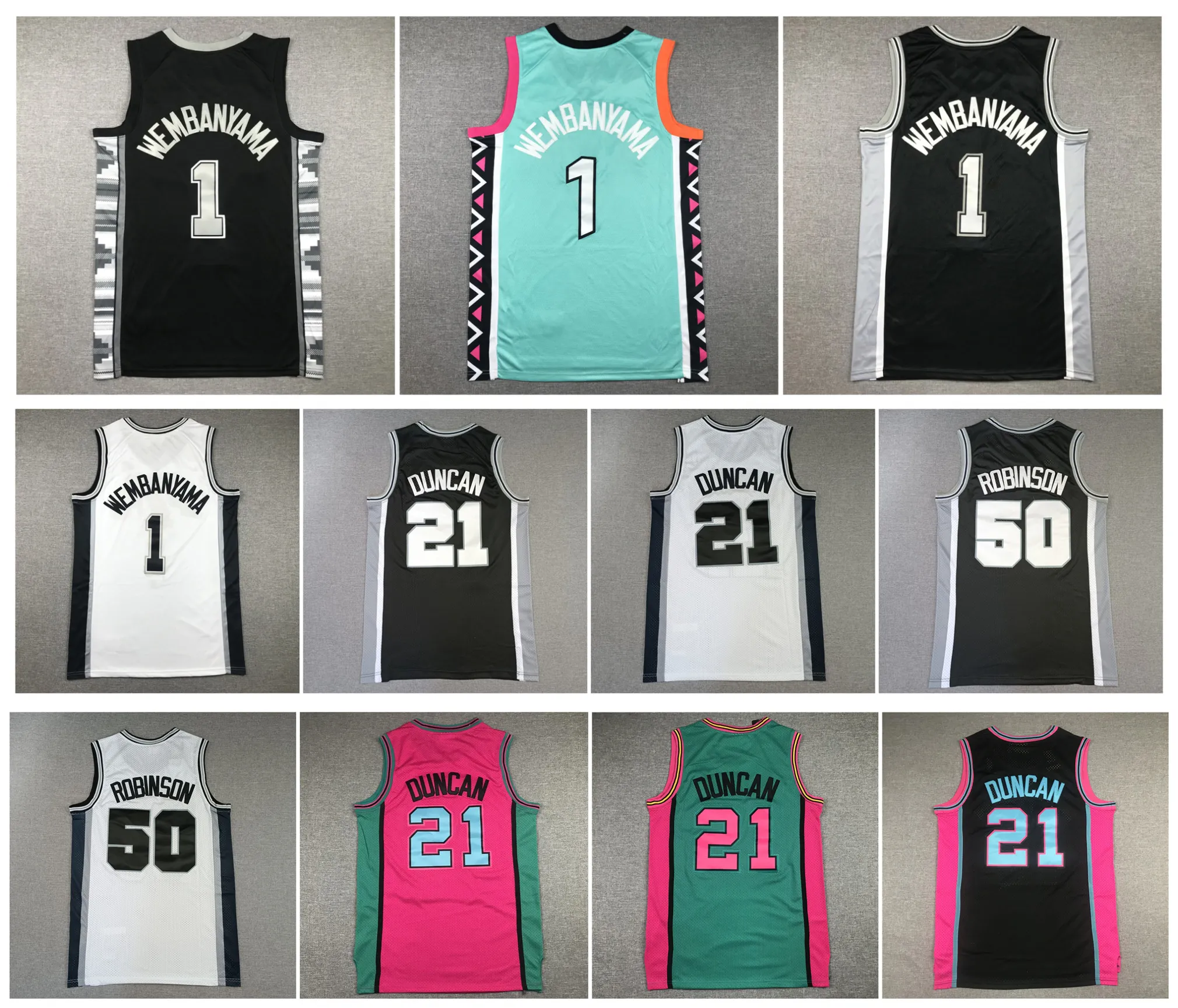 Maglia da basket Victor Wembanyama Spur San Tim Duncan Antonio David Robinson Throwback Nero Bianco Taglia S-XXL