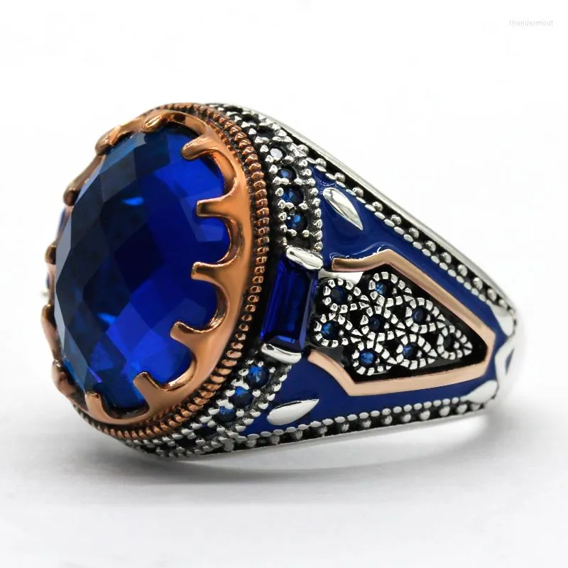 Cluster Rings Turkish Jewelry Men's Rose Gold Ring With Blue Glass Stone 925 Sterling Silver Vintage King Crown CZ Enamel Ladies Gift