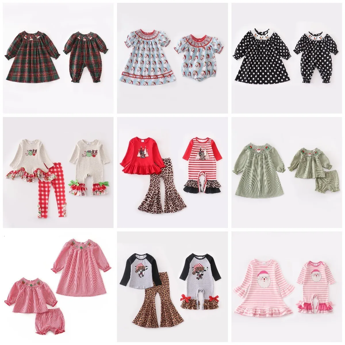 Family Matching Outfits Girlymax Sibling Winter Christmas Baby Girls Santa Snowman Plaid Floral Ruffle Smocked Woven Dress Romper Pants Set Kids Clothes 230530