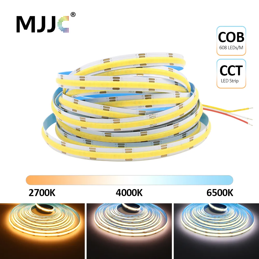 COB CCT LED Bandes 24V DC12V 608LEDs FCOB LED Lumière Dimmable Double Couleur 10MM PCB 5M Haute Densité Flexible Ra90 Bande Linéaire