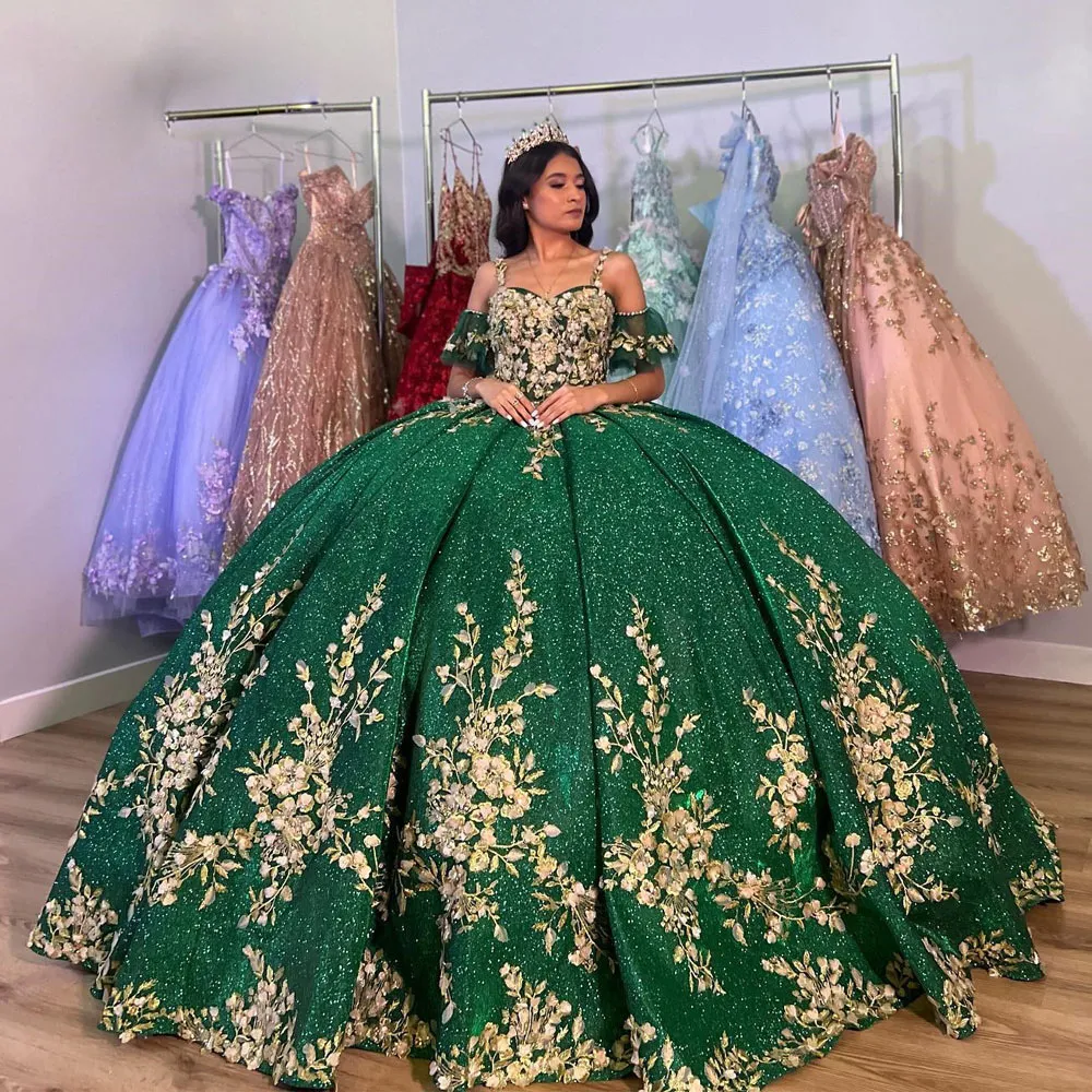 Glitzerndes grünes Quinceanera-Kleid mit Herzausschnitt, Ballkleid, Geburtstagsparty-Kleid, Blumenapplikationen, Vestido De 15 Anos, Abendkleid für das Bonbon 16, 326 326