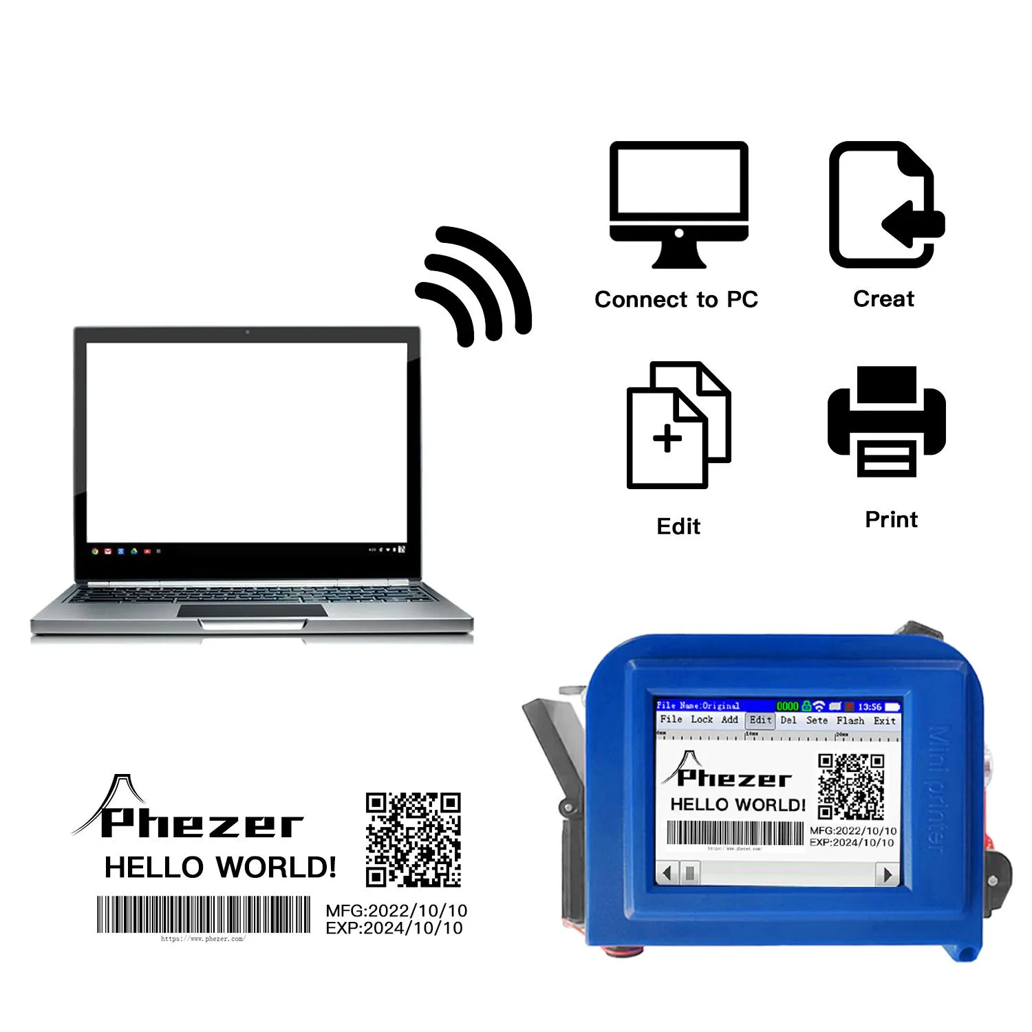 Splitters Phezer PC11 Portable Printer QR Барная партия Код Кодекс Номер истечения дата Tshirts 12,7 мм