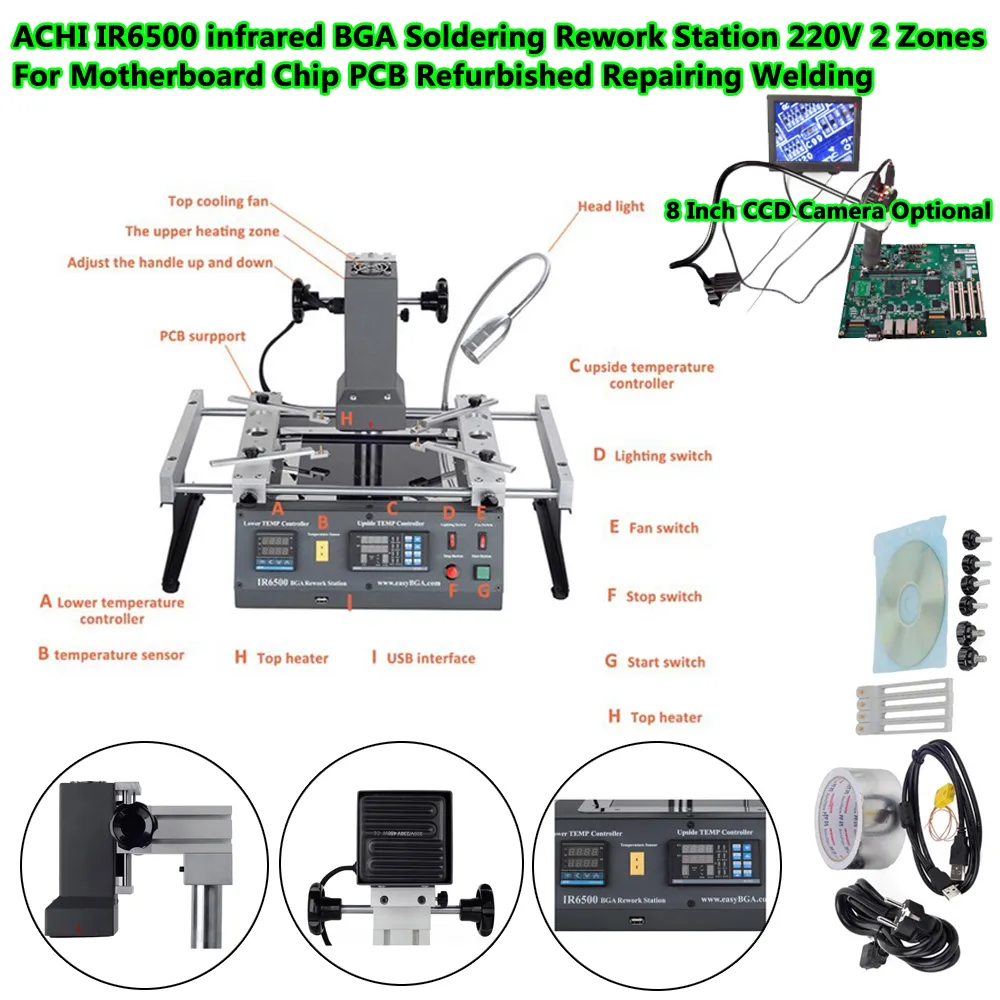 ACHI IR6500 Station de retouche BGA infrarouge, réparation de puces de carte mère, outils de soudage avec CCD 8 pouces 2 Zones 1250W Port USB 220V
