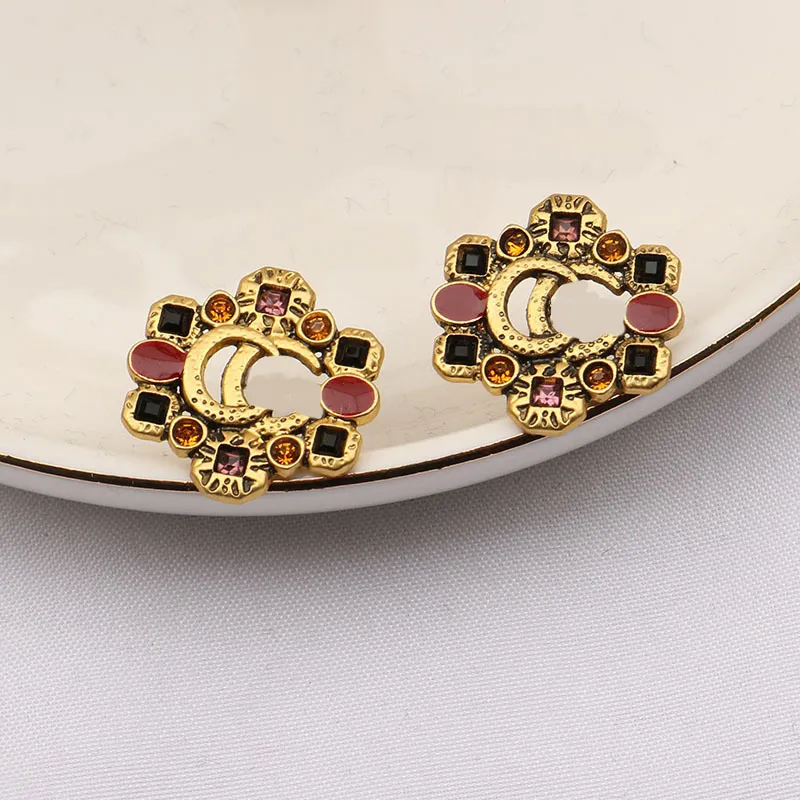 20 Style Luxury Marka Tasarımcıları Mektuplar Saplama Ünlü Kadınlar Çifte G-Littor Studs Renkli Rhinestone Düğün Partisi Jewerlry S925 Gümüş