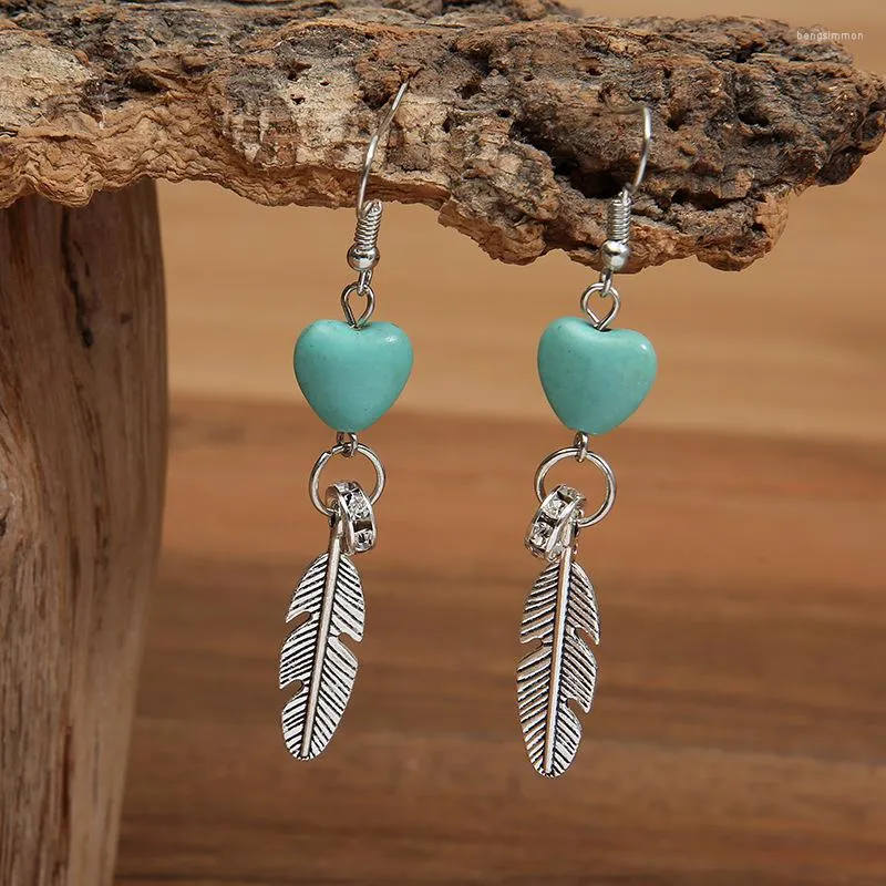 Boucles d'oreilles pendantes gothique tibétain argent Vintage Turquoise coeur plume goutte boucle d'oreille pour femmes filles fête de mariage Punk bijoux Pendientes