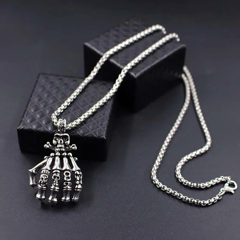 Chains Choker Fashion 2023 Mens Vintage Punk Gothic Skull Hand Pendant Long Chain Necklaces_voghion.com