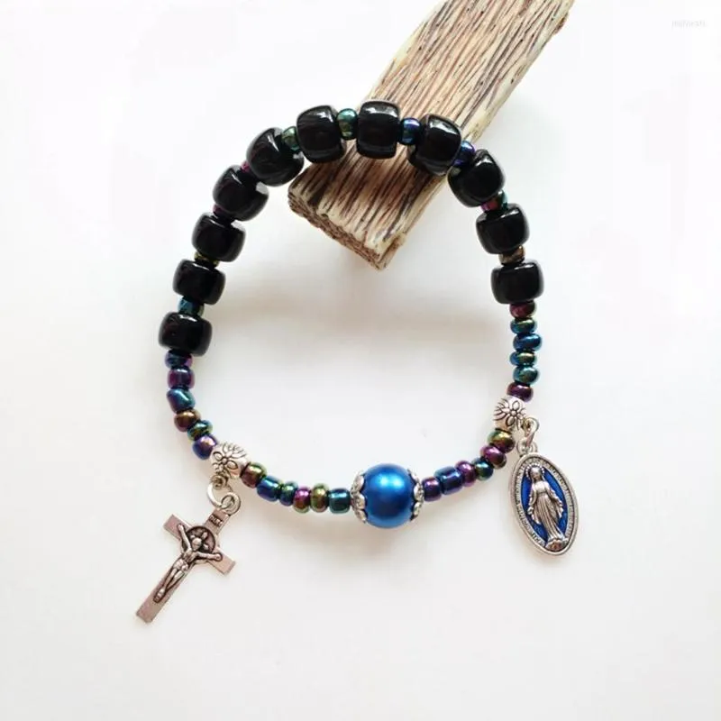 Strand CottvoMiraculous Medal INRI Crucifix Cross Charms Vintage Black Blue Imitation Agate Pearl Bead Chain Rosary Bracelet Jewelry