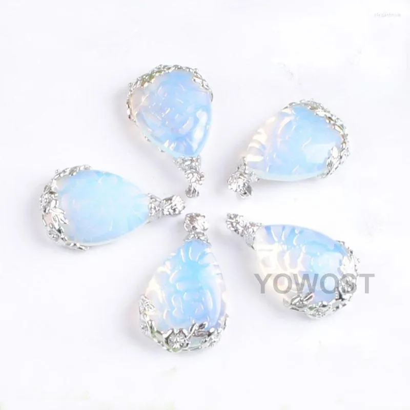 Anhänger Halsketten Großhandel 10 stücke Natürliche Stein Teardrop Intarsien Metall Blume Wasser Tropfen Opal Frauen Männer Mode Schmuck IN3466