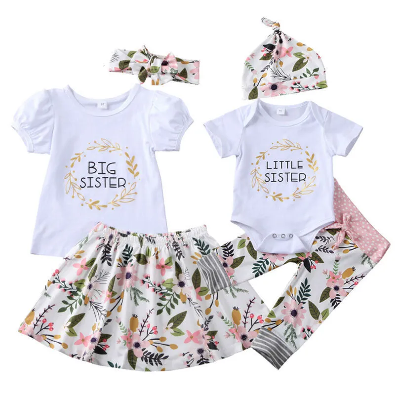 家族を一致させる衣装シティエットサマー幼児の子供の女の子の女の子の小さな姉妹花柄のロンパーTシャツ衣装セットマッチング服セット230530