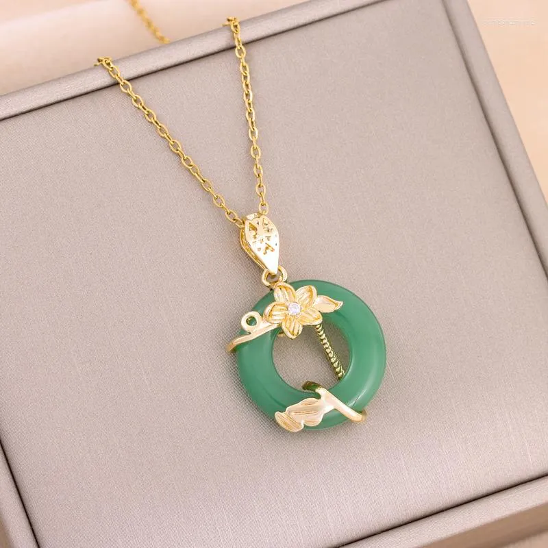 Pendant Necklaces In Vintage Lucky Guard Green Ping An Buckle For Women Elegant Female Stainless Steel Neck Chain Jewelry