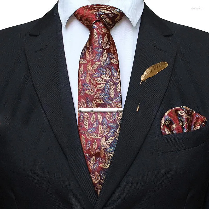 Papillon Design classico Foglie 8cm Cravatta di seta Retro Fashion Mens Fazzoletto Spilla Clip Set per uomo Business Wedding Gravata