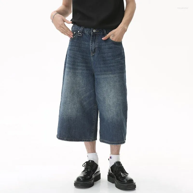 Calça Jeans Masculina SYUHGFA Verão Estilo Coreano Perna Larga Solta Calças Denim Flare Moda Masculina Calças Cropped Lavadas 2023 Maré