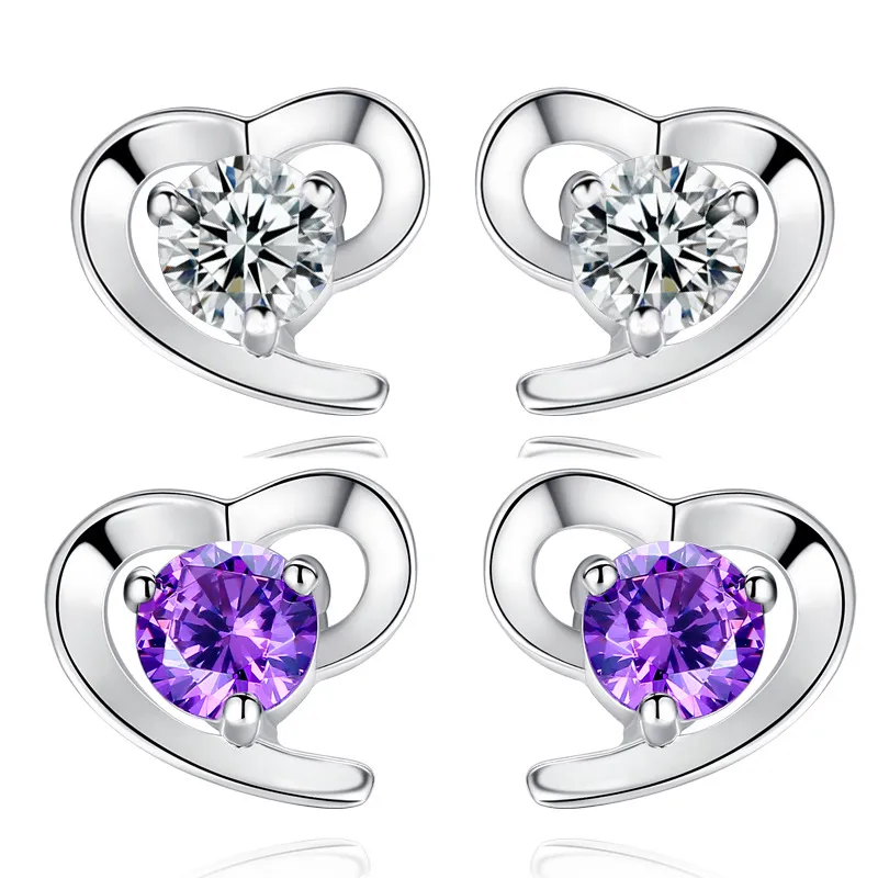 Orecchini a forma di cuore in argento sterling 925 Orecchini classici da donna di design Orecchini di cristallo splendenti Orecchini a bottone di lusso da donna