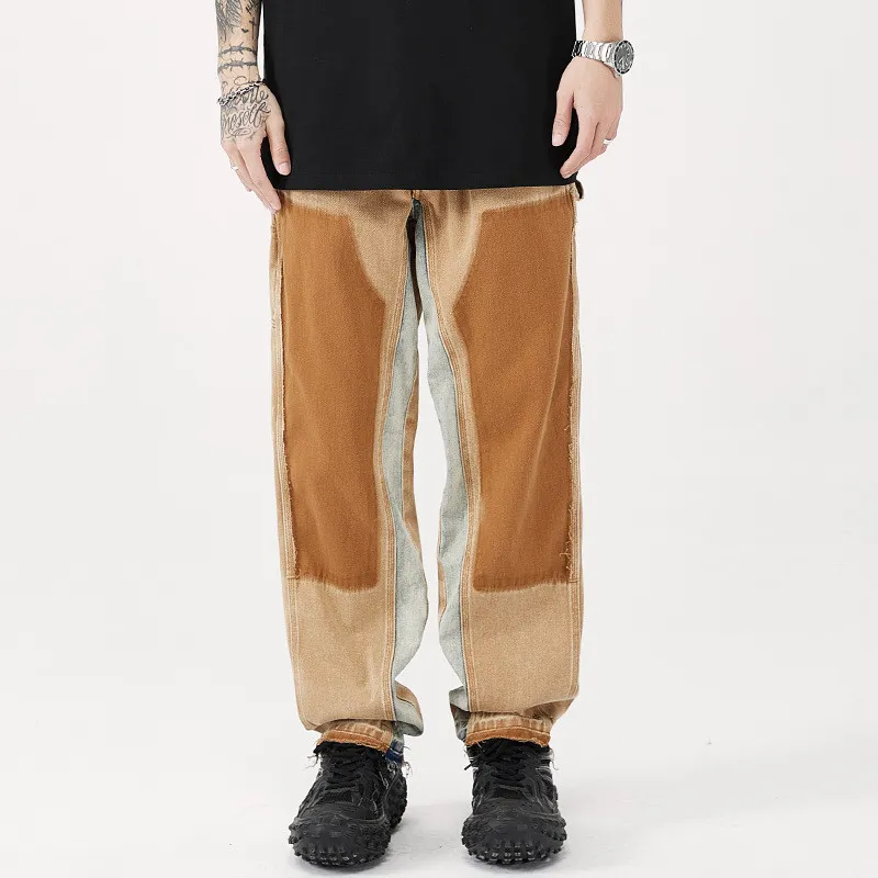 Herr jeans y2k streetwear vintage brun baggy last jeans byxor män kläder lapptäcke rakt staplade denim byxor pantalon homme 230529