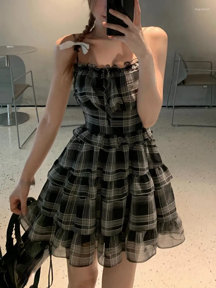 Casual Dresses 2023 Summer Sweet Sexy Plaid Strap Dress Women Kawaii Clothing Y2K Mini Evening Short Party Korean Fashion Chic