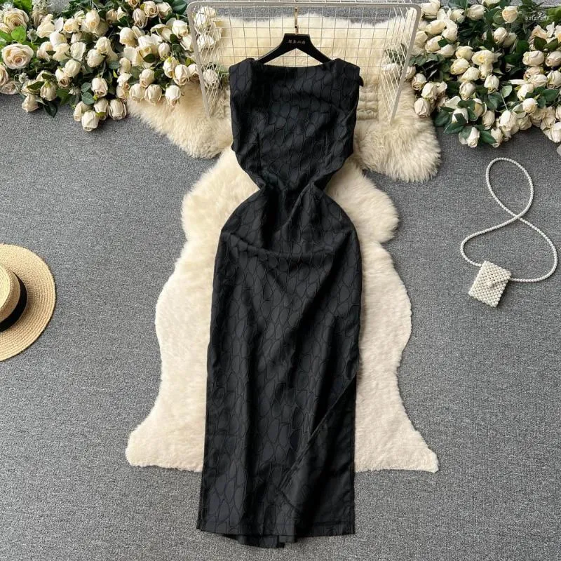 Casual Dresses Summer Sexy Black Sleeveless Slim Bandage Dress Elegant Jacquard Bodycon Long Style Vintage Evening Party