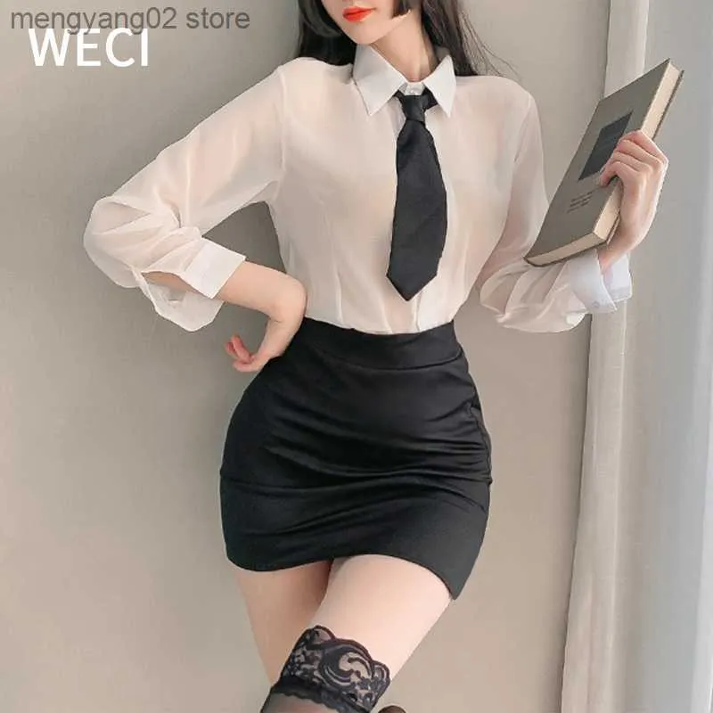 Sexy Set WECI Teacher Uniform White Knit Blouse Office Secretary Cosplay  Womens Shirt Transparent Skirt from Dhgate Sexy Set - price 18.3