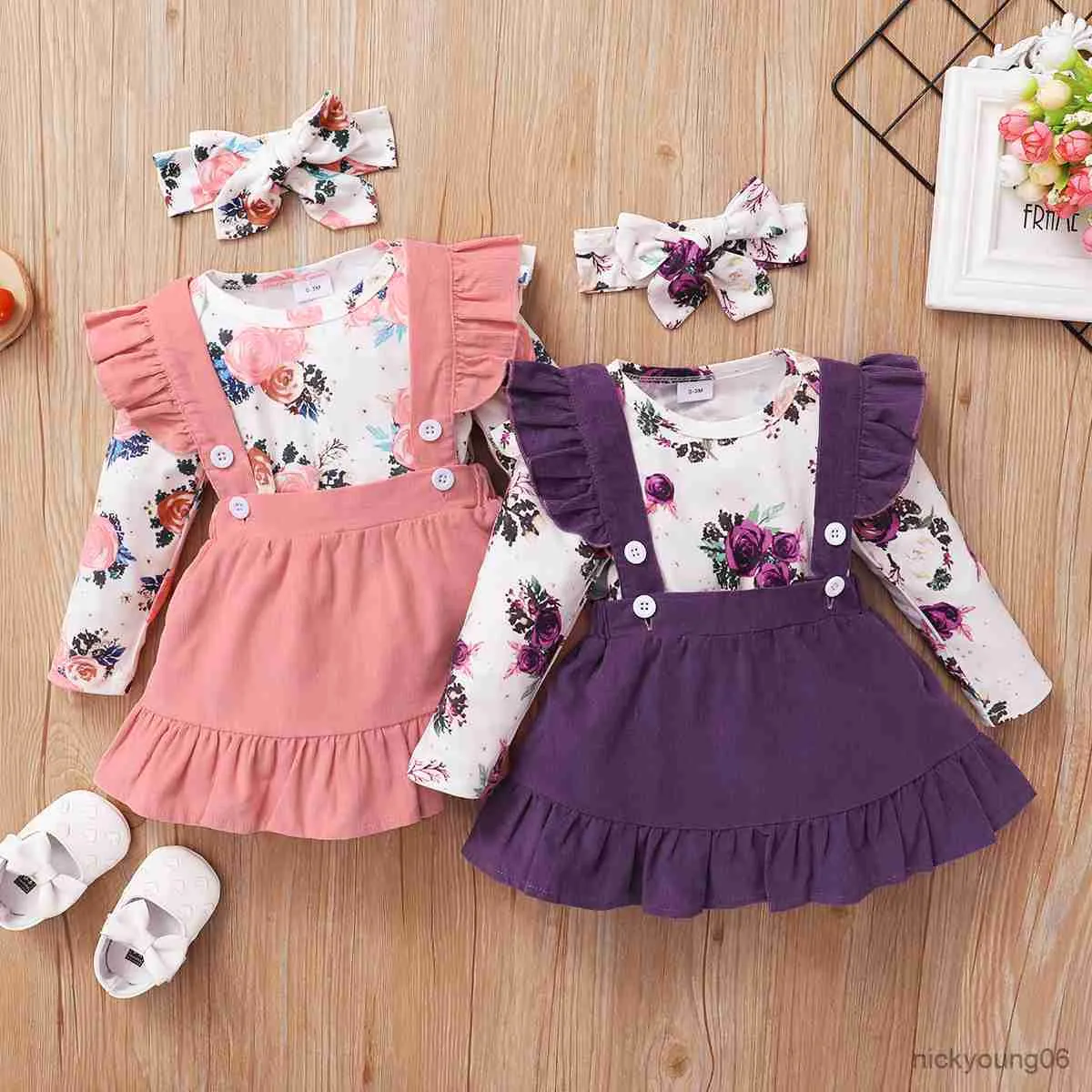 Clothing Sets 0-18 Newborn Baby Girl Clothes Set Floral Print Long Sleeve Romper Top and Suspender Skirt Headband Cute Outfit