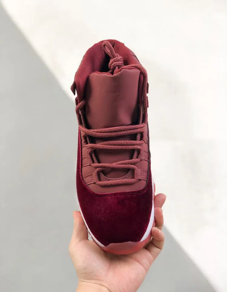 Men s Women s Red Velvet 11s Basketball Sneakers with Box Maroon Gold Metallic Shoes