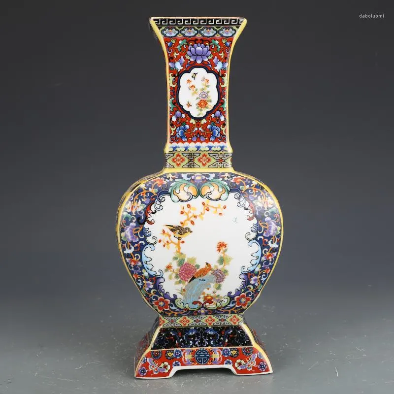 Vasos Ornamentos Vaso de esmalte Yongzheng com design de flores e pássaros porcelana antiga porcelana seca Flor do corredor