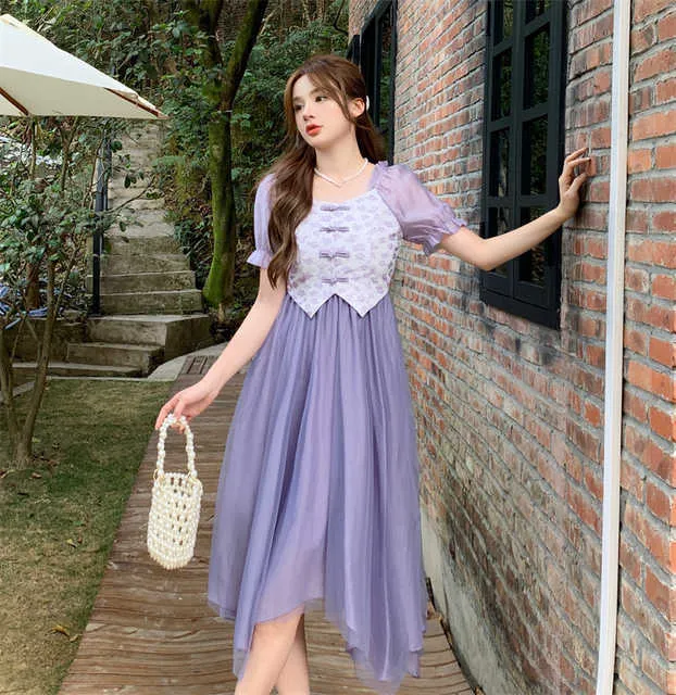 Blomma tryckt lapptäcke Sweet Chic Fairy Puff Sleeve Party Dress for Women Summer Casu