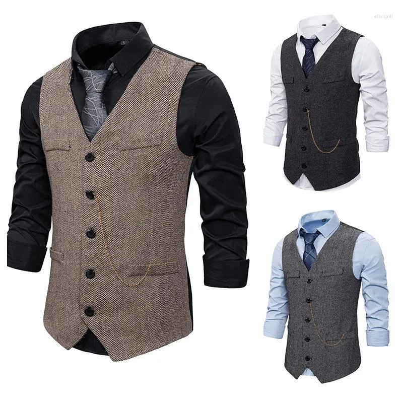 Men's Vests Men's Wool Tweed Slim Fit Leisure Cotton Vest Gentleman Herringbone Business Brown Waistcoat For Wedding Groom