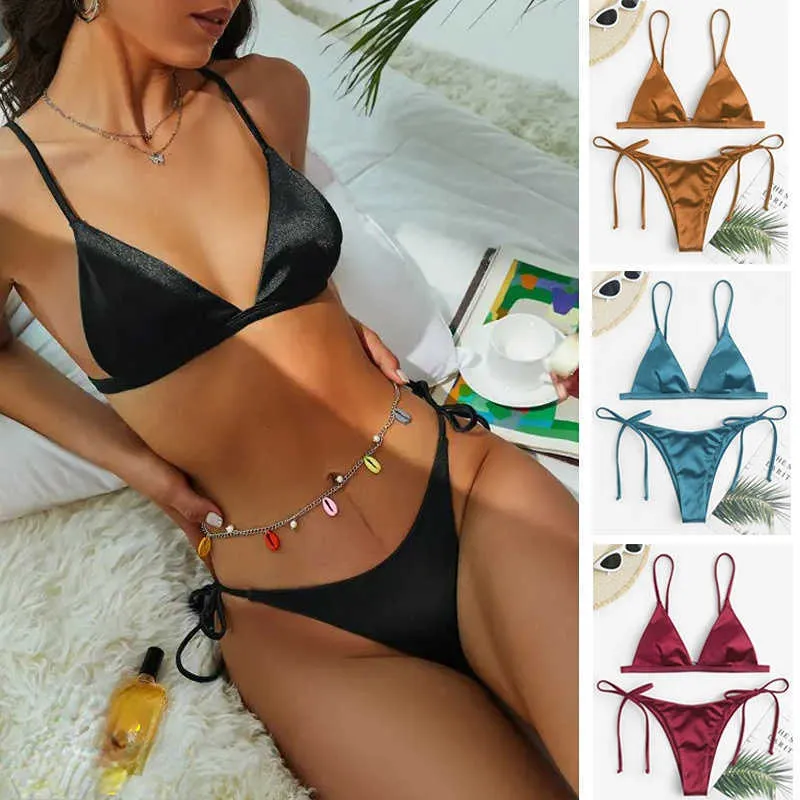 2018 Push-on-XS-Träger Damen Farbverlauf glänzend sexy T-Linie Bademode Schnür-Triangel-Bikini-Set P230530