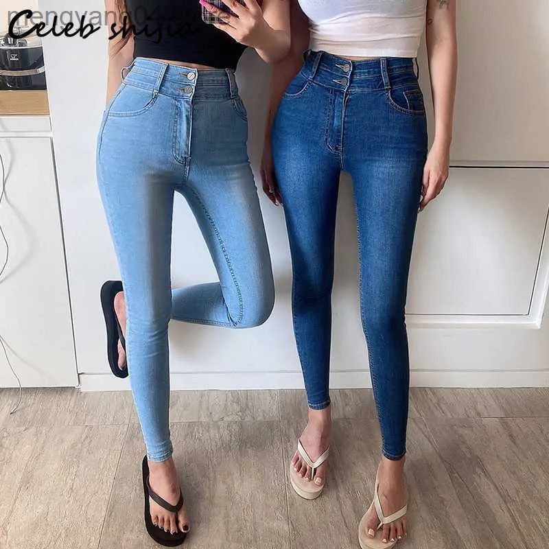 Jeans feminino shijia azul claro elástico jeans skinny jeans alta botão duplo botão inferior coreano calça lápis Mom Jeans Street T230530