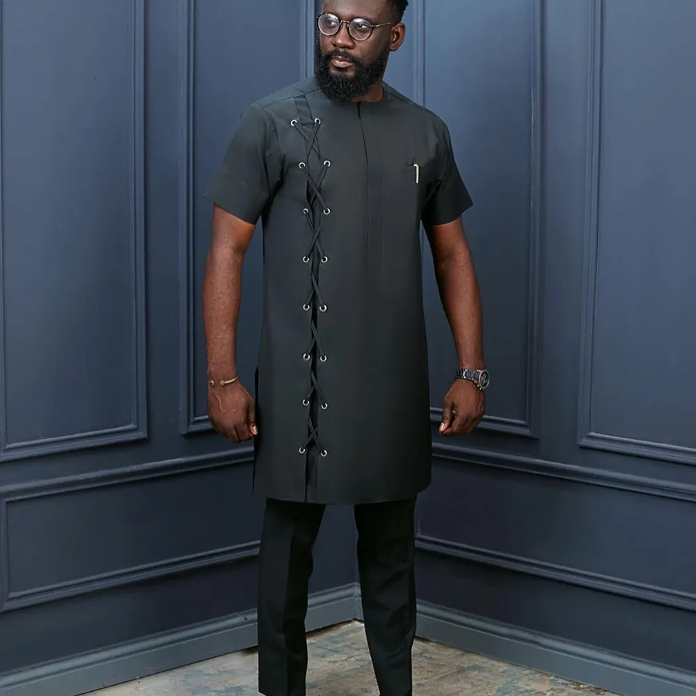 Elegant African Ethnic Style Gentlemen Tracksuits Set Short Sleeve Shirt And Pants With Round Neck Stitching 230529 From Pong01 31.42 DHgate.Com