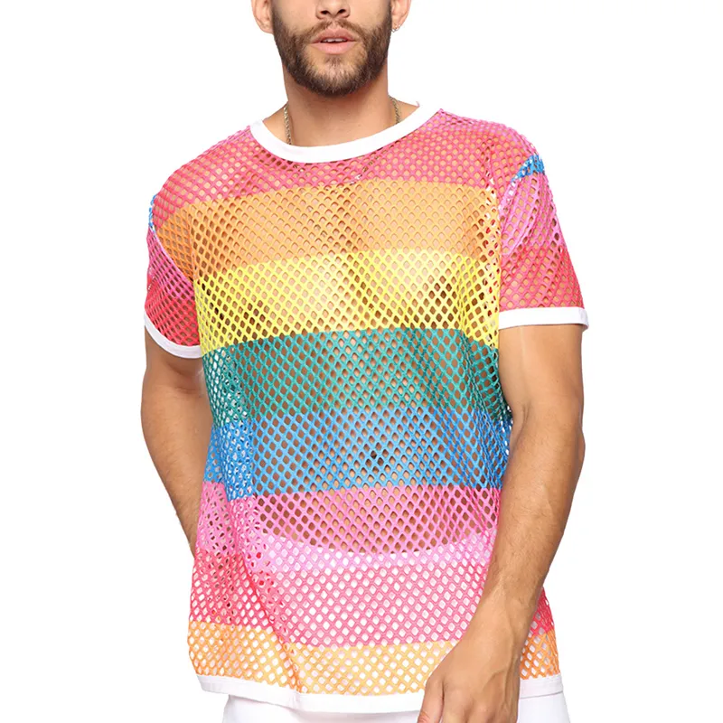 Men's Rainbow Mesh See Through Fishnet T Shirt New Short Sleeve Transparent Tshirt Homme Hip Hop Streetwear Camisetas 5XL